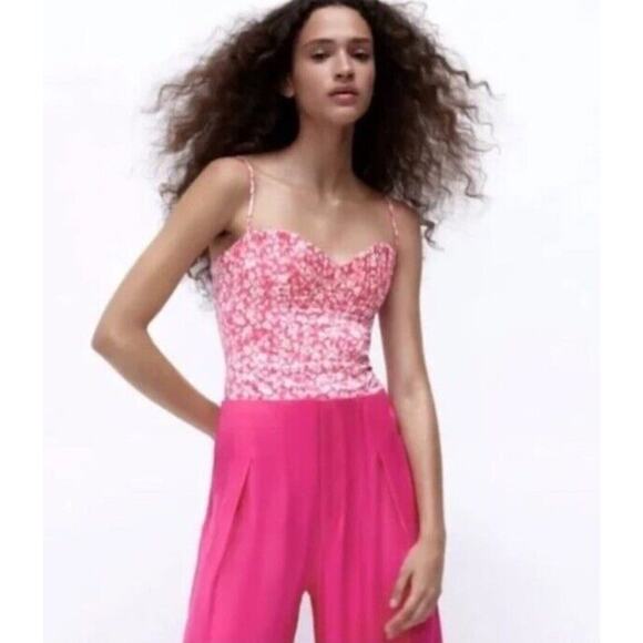 ZARA Pink & White Floral Corset Bodysuit Tank Top Women's Size M Ditsy floral - Picture 5 of 8